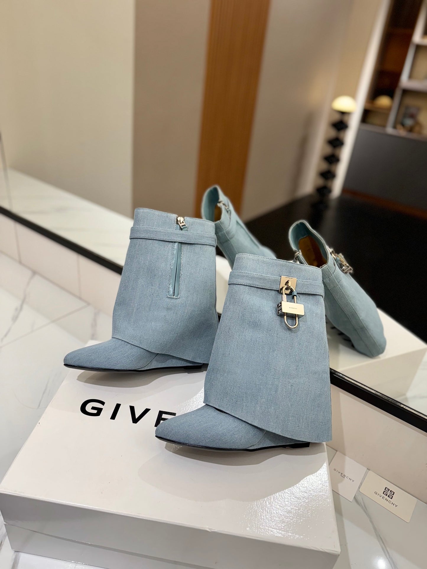 Givenchy Washed Denim Lock Knee-High Boots – 2024 SS