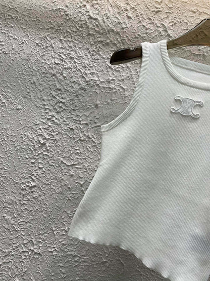 Celine Triomphe Embroidered Crewneck Knit Tank Top