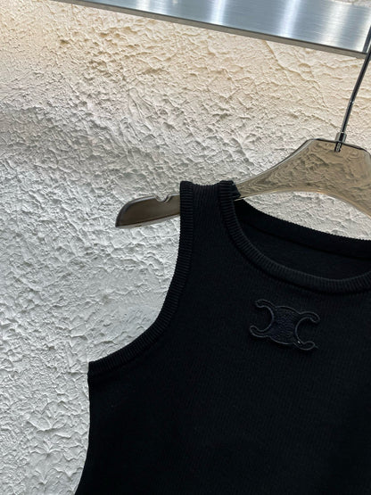 Celine Triomphe Embroidered Crewneck Knit Tank Top