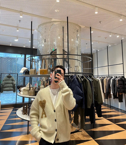 AMI Paris Holiday Limited Gold Heart Jacquard Cardigan – 24FW