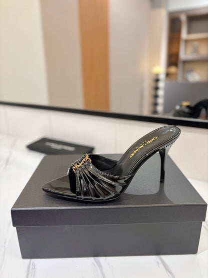 Saint Laurent Crystal Chain Patent Leather Heeled Sandals – 2025 Spring/Summer Collection