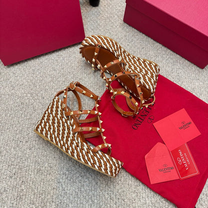 Valentino Rivet Hemp Rope Woven Wedge Sandals – Spring/Summer Collection
