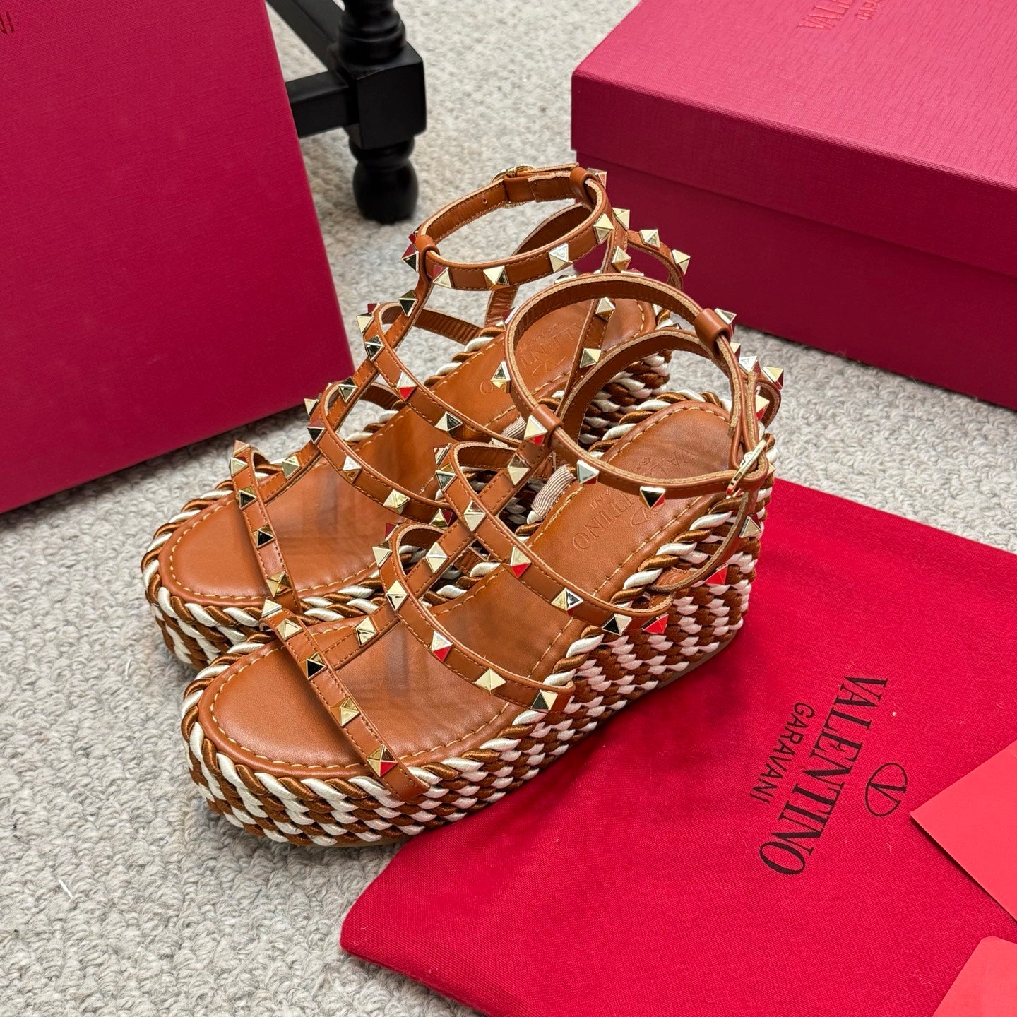 Valentino Rivet Hemp Rope Woven Wedge Sandals – Spring/Summer Collection