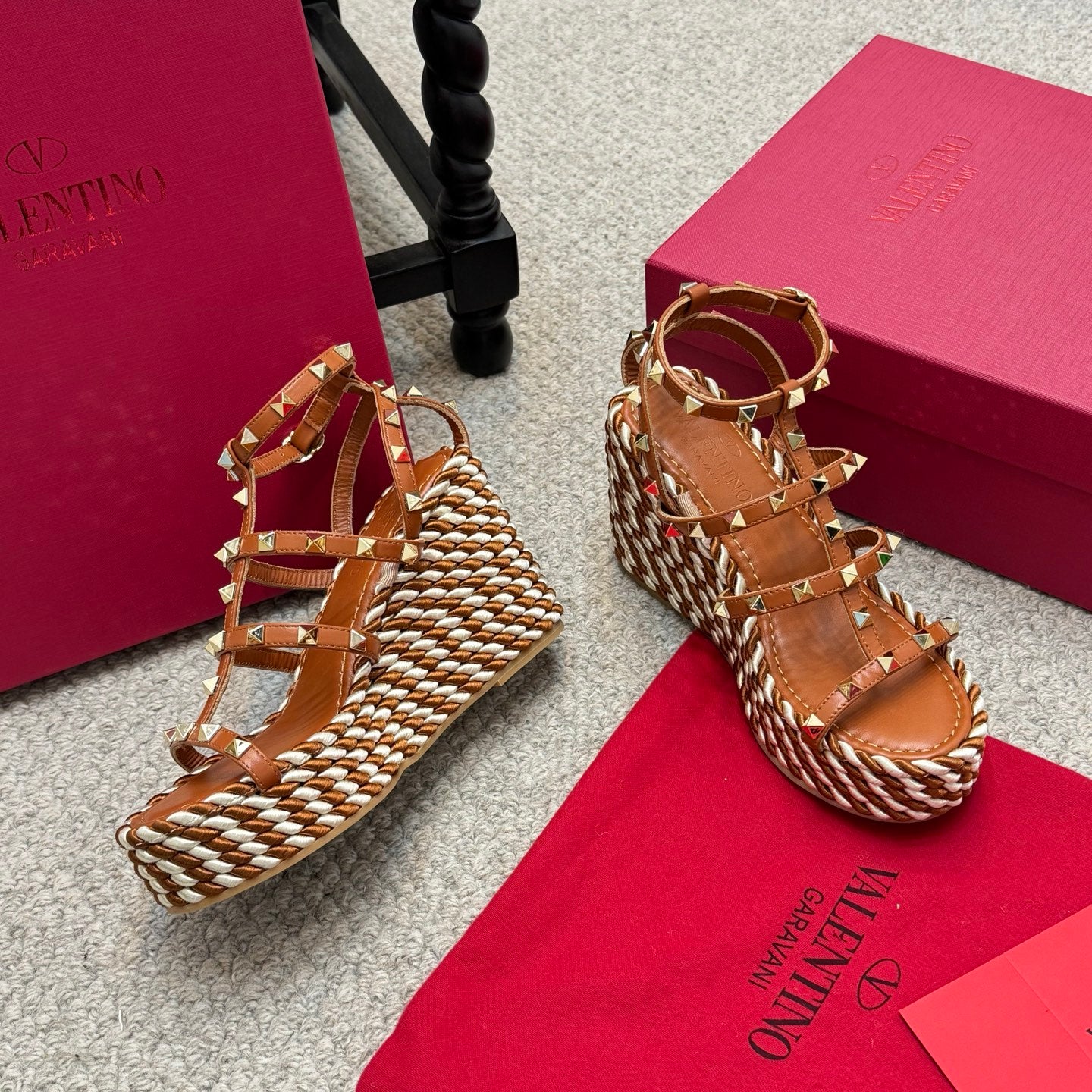 Valentino Rivet Hemp Rope Woven Wedge Sandals – Spring/Summer Collection