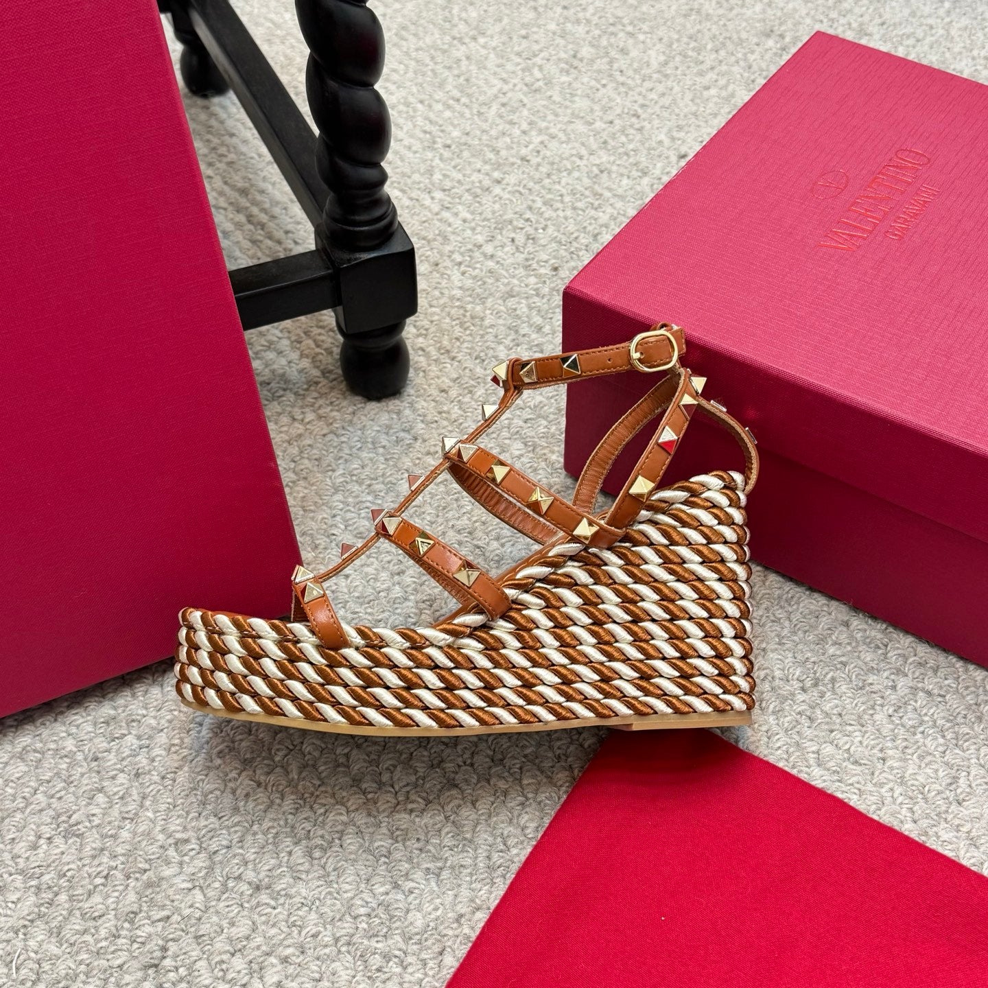 Valentino Rivet Hemp Rope Woven Wedge Sandals – Spring/Summer Collection