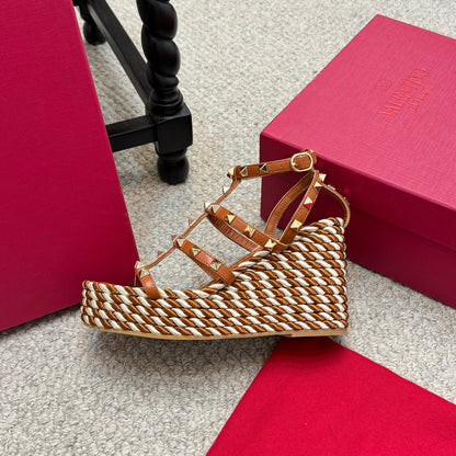 Valentino Rivet Hemp Rope Woven Wedge Sandals – Spring/Summer Collection