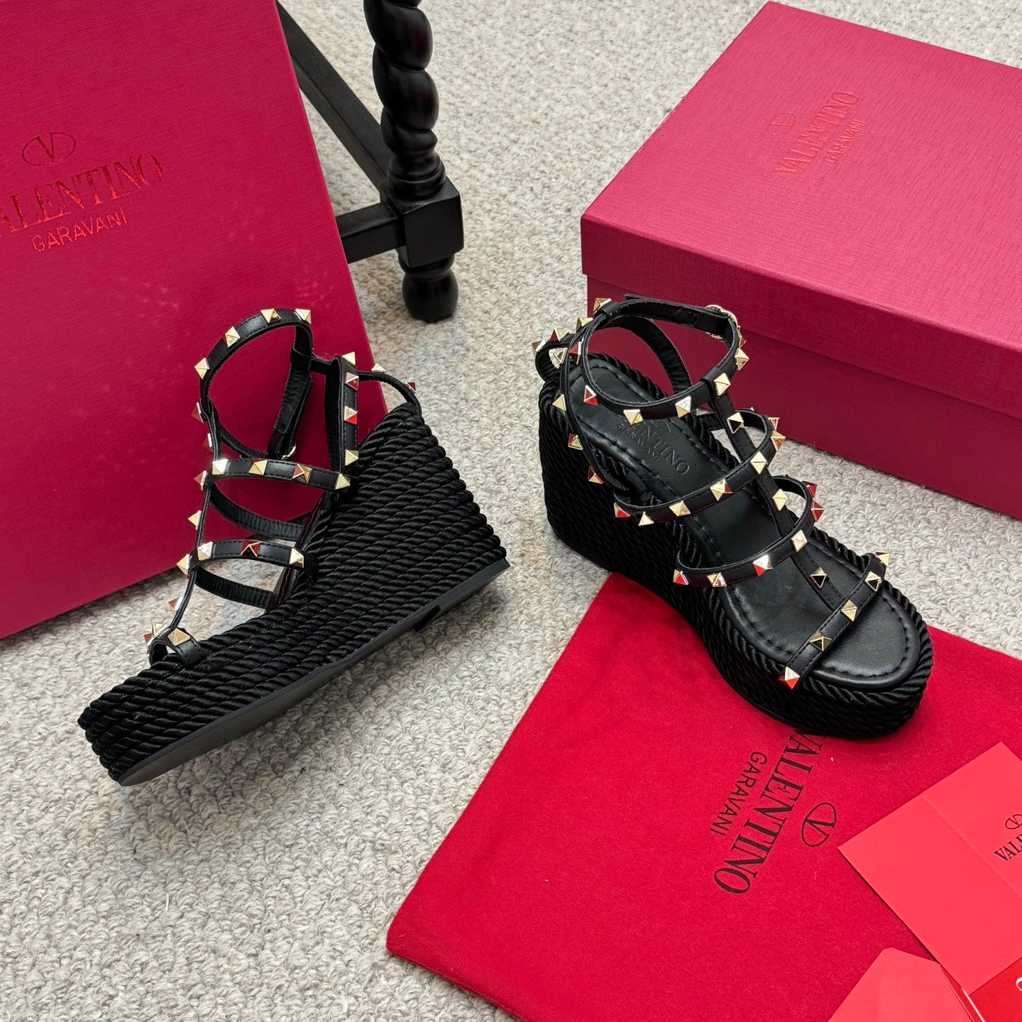 Valentino Rivet Hemp Rope Woven Wedge Sandals – Spring/Summer Collection
