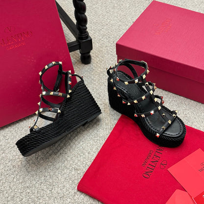 Valentino Rivet Hemp Rope Woven Wedge Sandals – Spring/Summer Collection