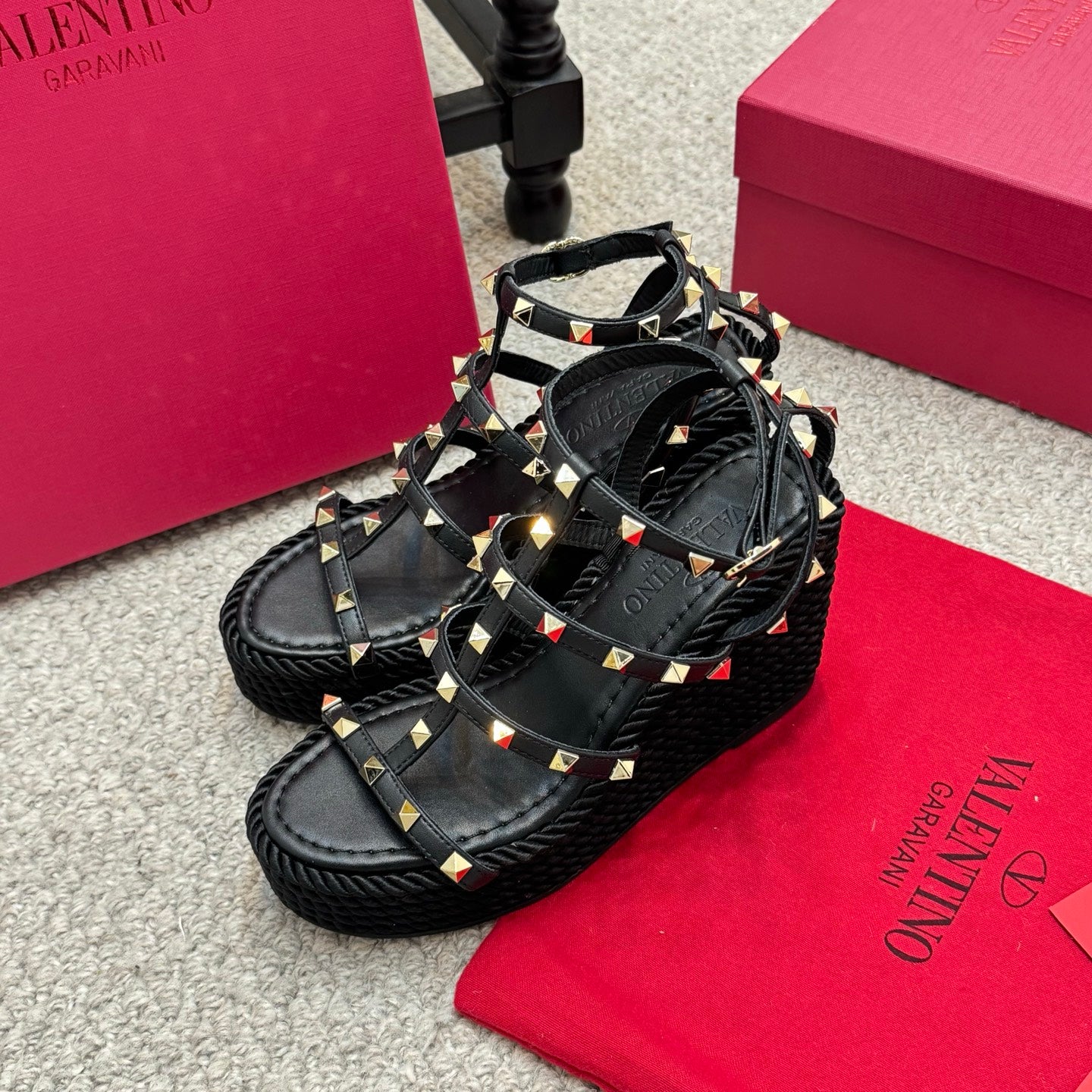 Valentino Rivet Hemp Rope Woven Wedge Sandals – Spring/Summer Collection