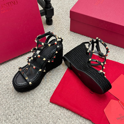 Valentino Rivet Hemp Rope Woven Wedge Sandals – Spring/Summer Collection