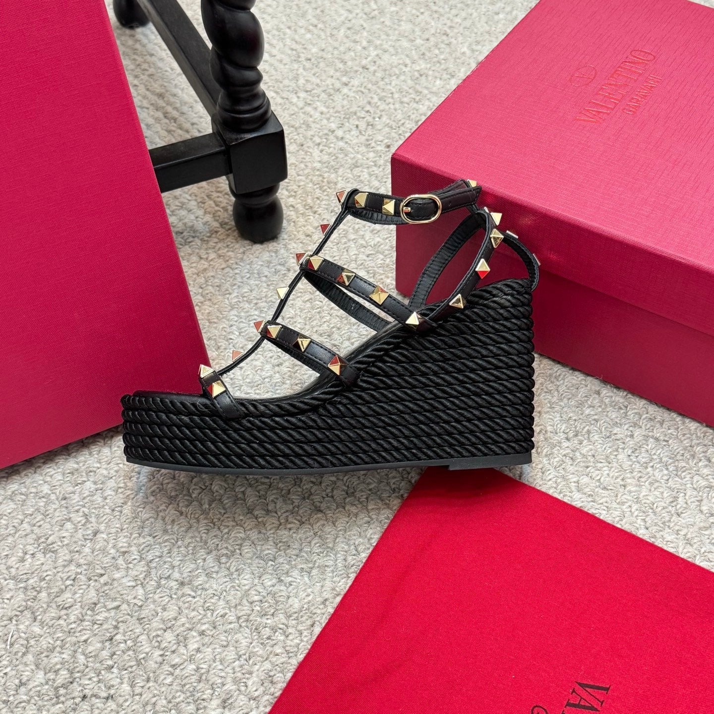 Valentino Rivet Hemp Rope Woven Wedge Sandals – Spring/Summer Collection