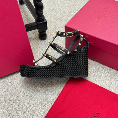 Valentino Rivet Hemp Rope Woven Wedge Sandals – Spring/Summer Collection