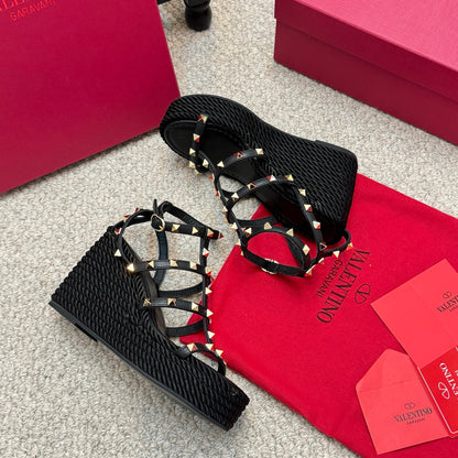 Valentino Rivet Hemp Rope Woven Wedge Sandals – Spring/Summer Collection