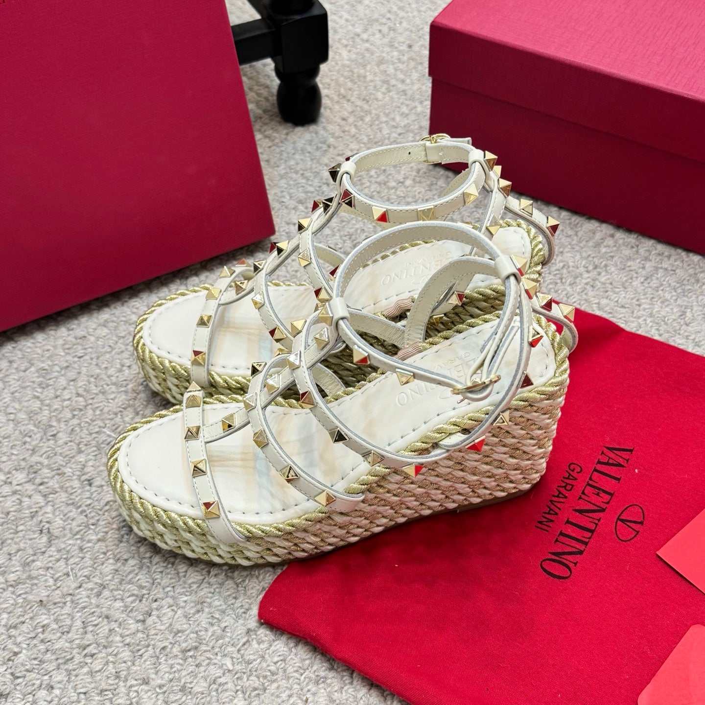 Valentino Rivet Hemp Rope Woven Wedge Sandals – Spring/Summer Collection