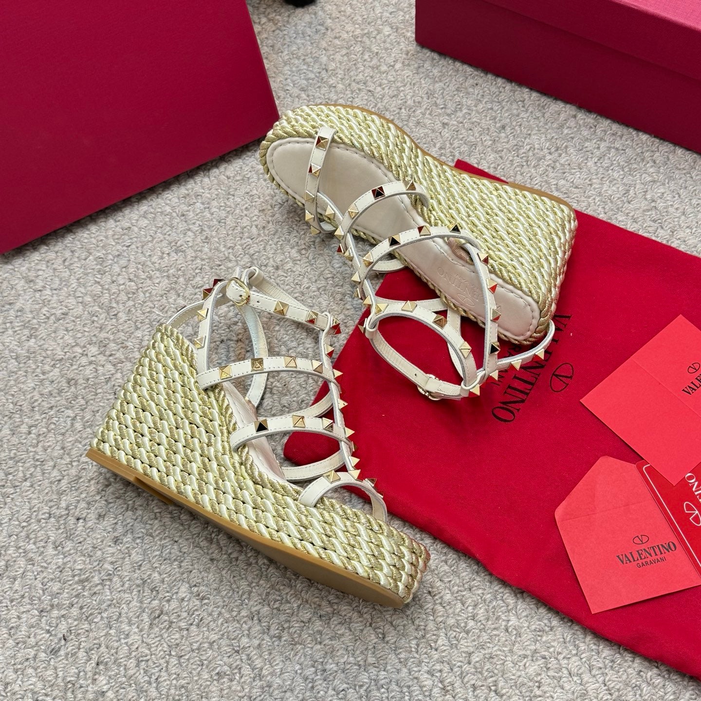 Valentino Rivet Hemp Rope Woven Wedge Sandals – Spring/Summer Collection