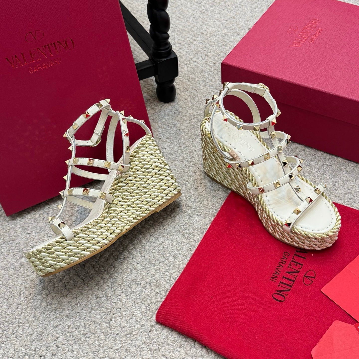 Valentino Rivet Hemp Rope Woven Wedge Sandals – Spring/Summer Collection