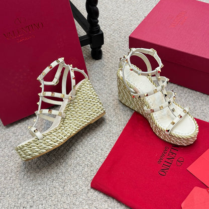 Valentino Rivet Hemp Rope Woven Wedge Sandals – Spring/Summer Collection