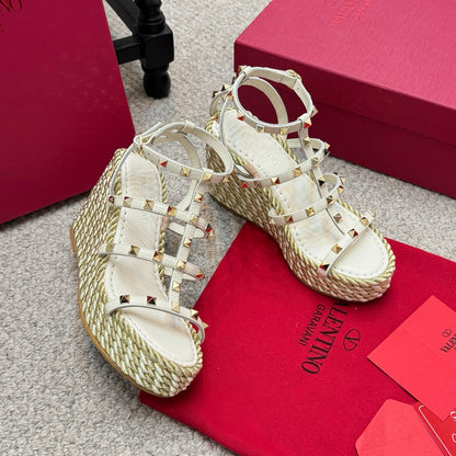 Valentino Rivet Hemp Rope Woven Wedge Sandals – Spring/Summer Collection
