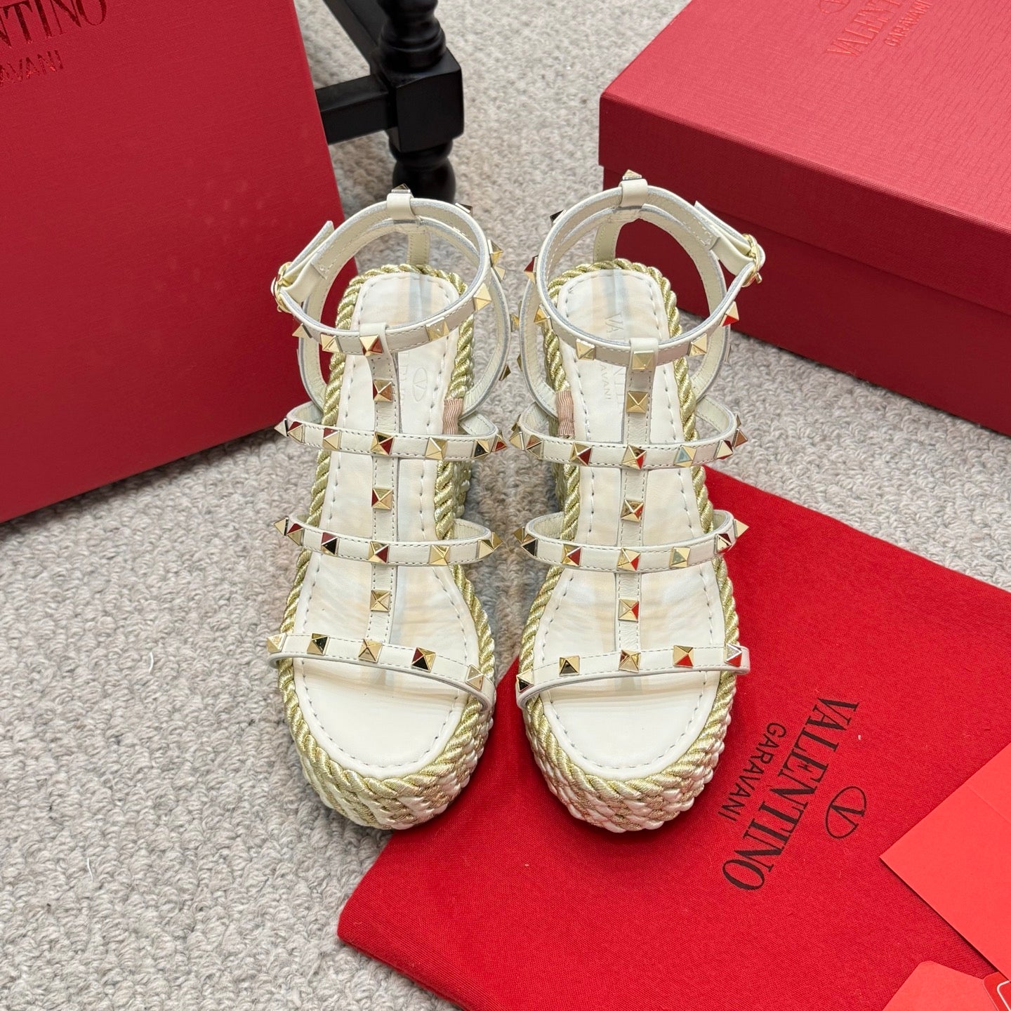 Valentino Rivet Hemp Rope Woven Wedge Sandals – Spring/Summer Collection
