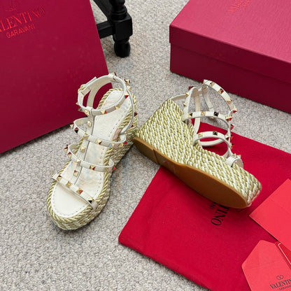 Valentino Rivet Hemp Rope Woven Wedge Sandals – Spring/Summer Collection