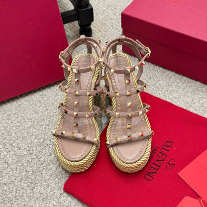 Valentino Rivet Hemp Rope Woven Wedge Sandals – Spring/Summer Collection