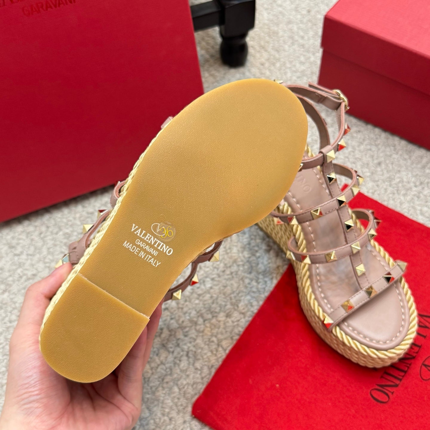 Valentino Rivet Hemp Rope Woven Wedge Sandals – Spring/Summer Collection