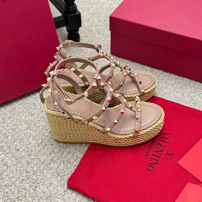 Valentino Rivet Hemp Rope Woven Wedge Sandals – Spring/Summer Collection