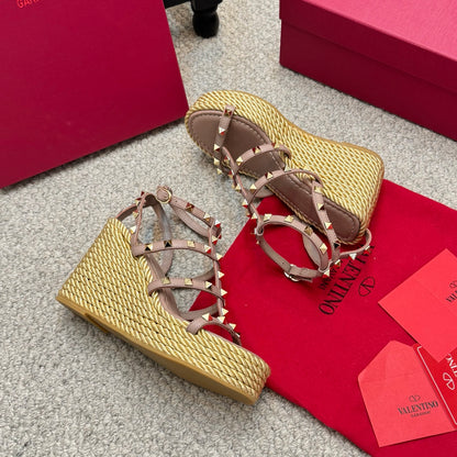 Valentino Rivet Hemp Rope Woven Wedge Sandals – Spring/Summer Collection