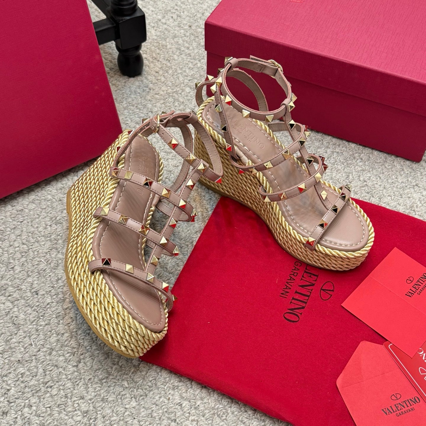 Valentino Rivet Hemp Rope Woven Wedge Sandals – Spring/Summer Collection
