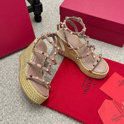 Valentino Rivet Hemp Rope Woven Wedge Sandals – Spring/Summer Collection