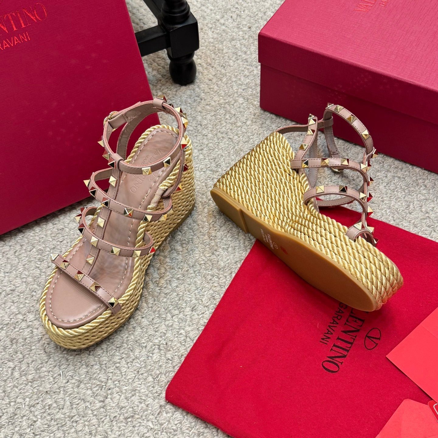 Valentino Rivet Hemp Rope Woven Wedge Sandals – Spring/Summer Collection