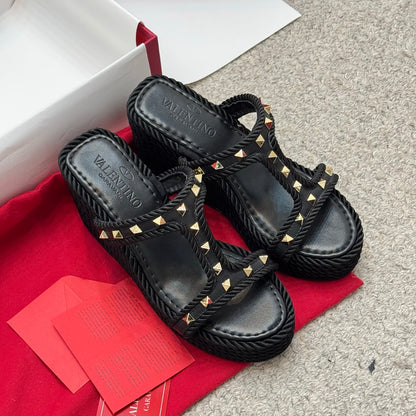 Valentino Studded Rope-Woven Wedge Sandals