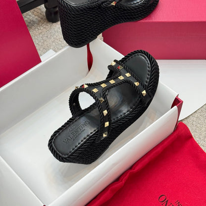 Valentino Studded Rope-Woven Wedge Sandals