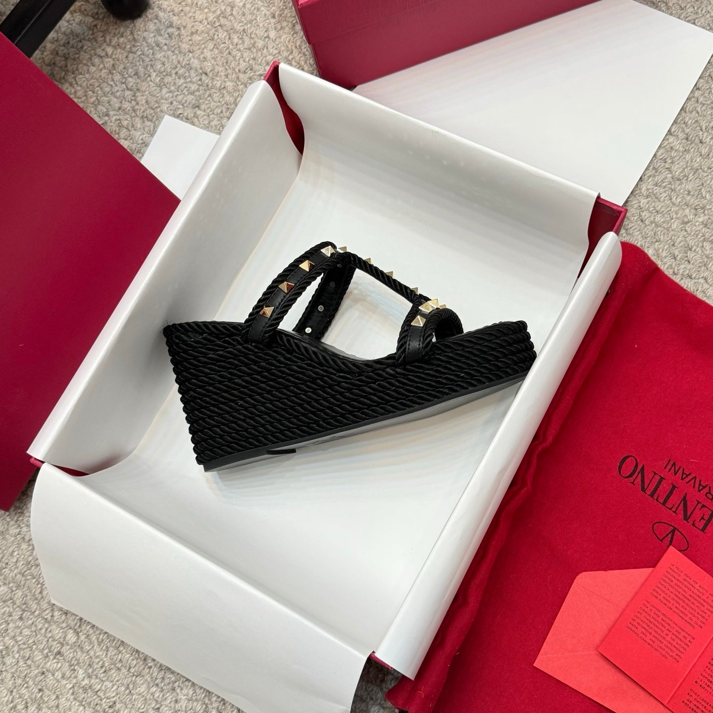 Valentino Studded Rope-Woven Wedge Sandals