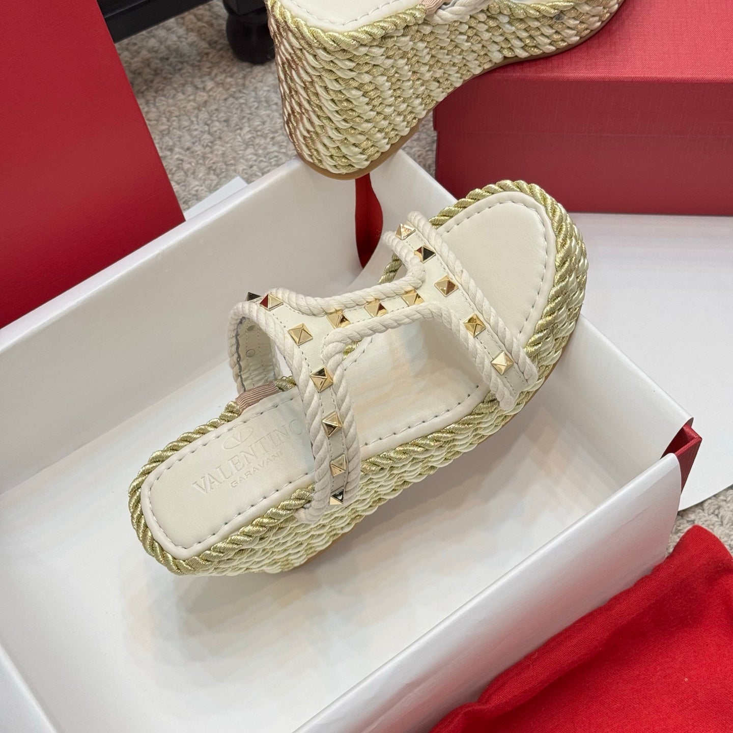Valentino Studded Rope-Woven Wedge Sandals