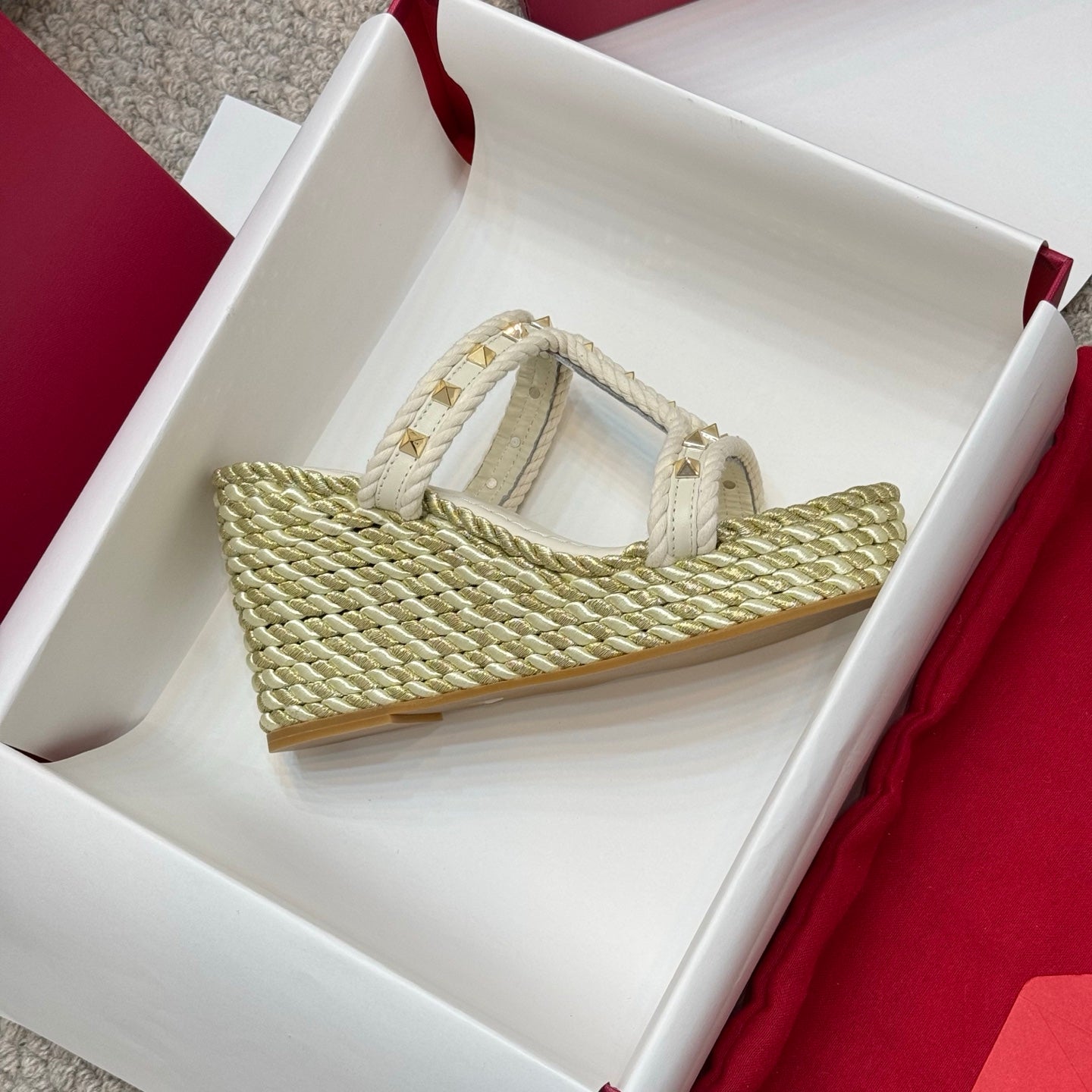 Valentino Studded Rope-Woven Wedge Sandals