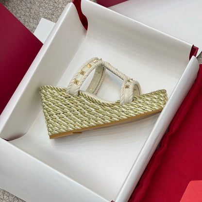 Valentino Studded Rope-Woven Wedge Sandals