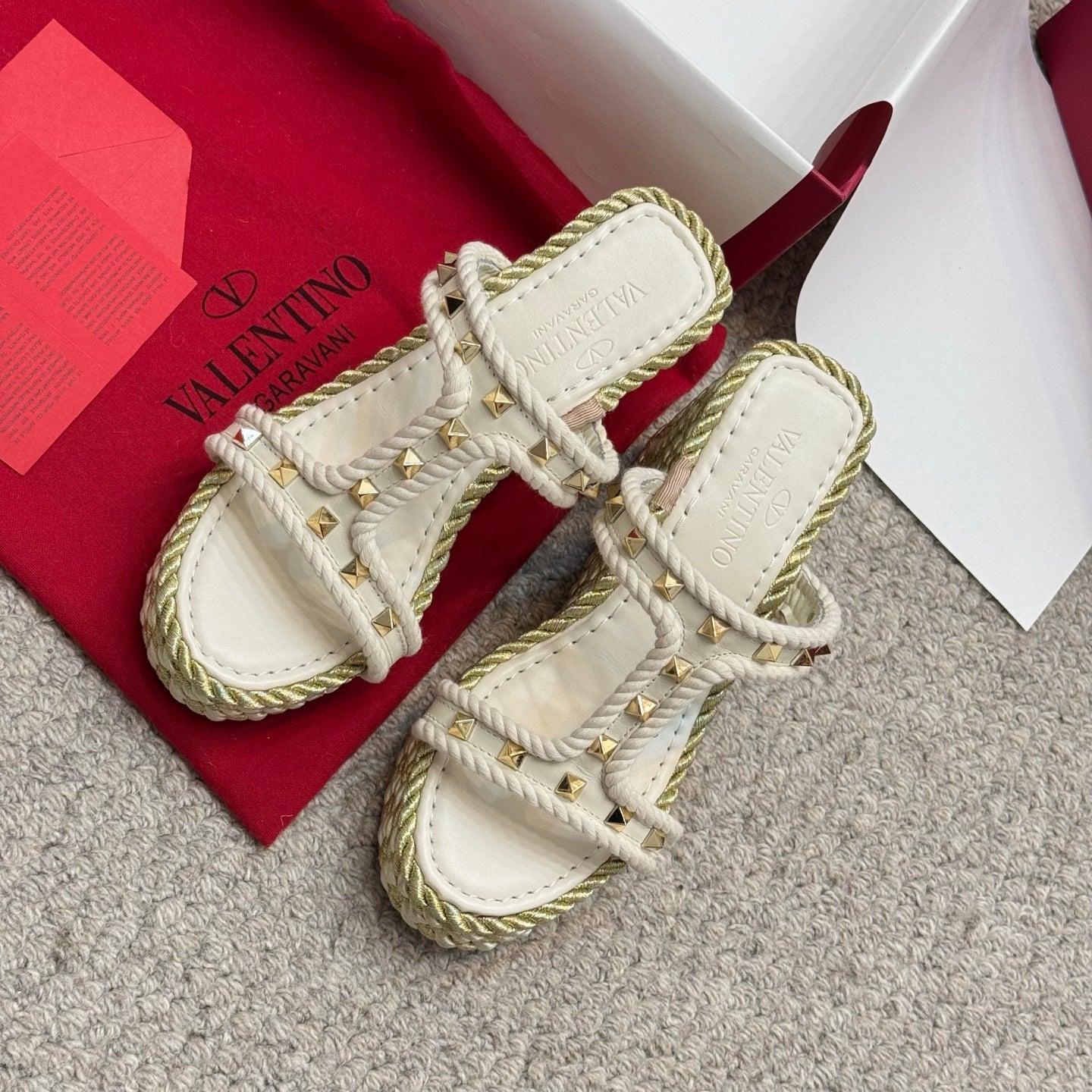 Valentino Studded Rope-Woven Wedge Sandals