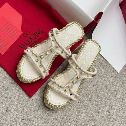 Valentino Studded Rope-Woven Wedge Sandals