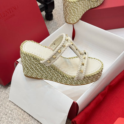 Valentino Studded Rope-Woven Wedge Sandals
