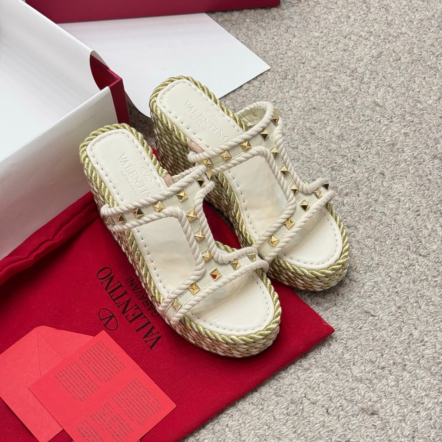 Valentino Studded Rope-Woven Wedge Sandals
