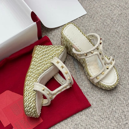 Valentino Studded Rope-Woven Wedge Sandals