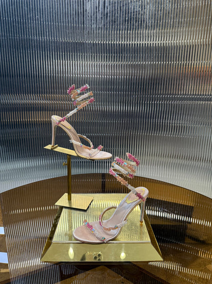 René Caovilla Crystal Spiral Heeled Sandals – 2025SS