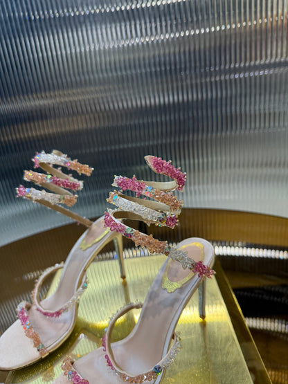 René Caovilla Crystal Spiral Heeled Sandals – 2025SS