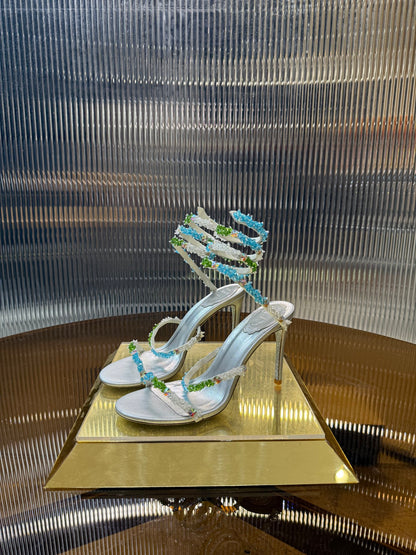 René Caovilla Crystal Spiral Heeled Sandals – 2025SS