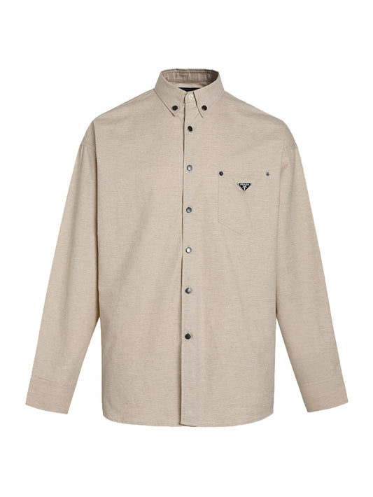Prada Linen-Cotton Triangle Logo Long-Sleeve Shirt – 25SS