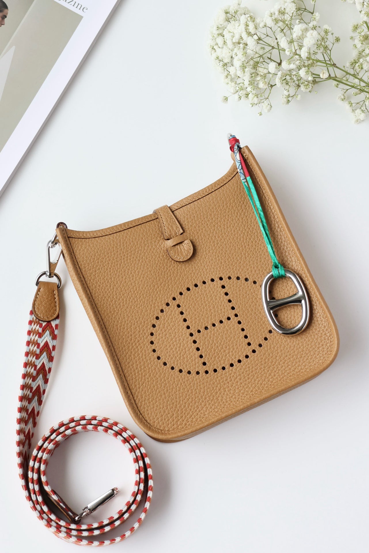 Hermès Mini Evelyne TPM – Biscuit with Colorful Strap
