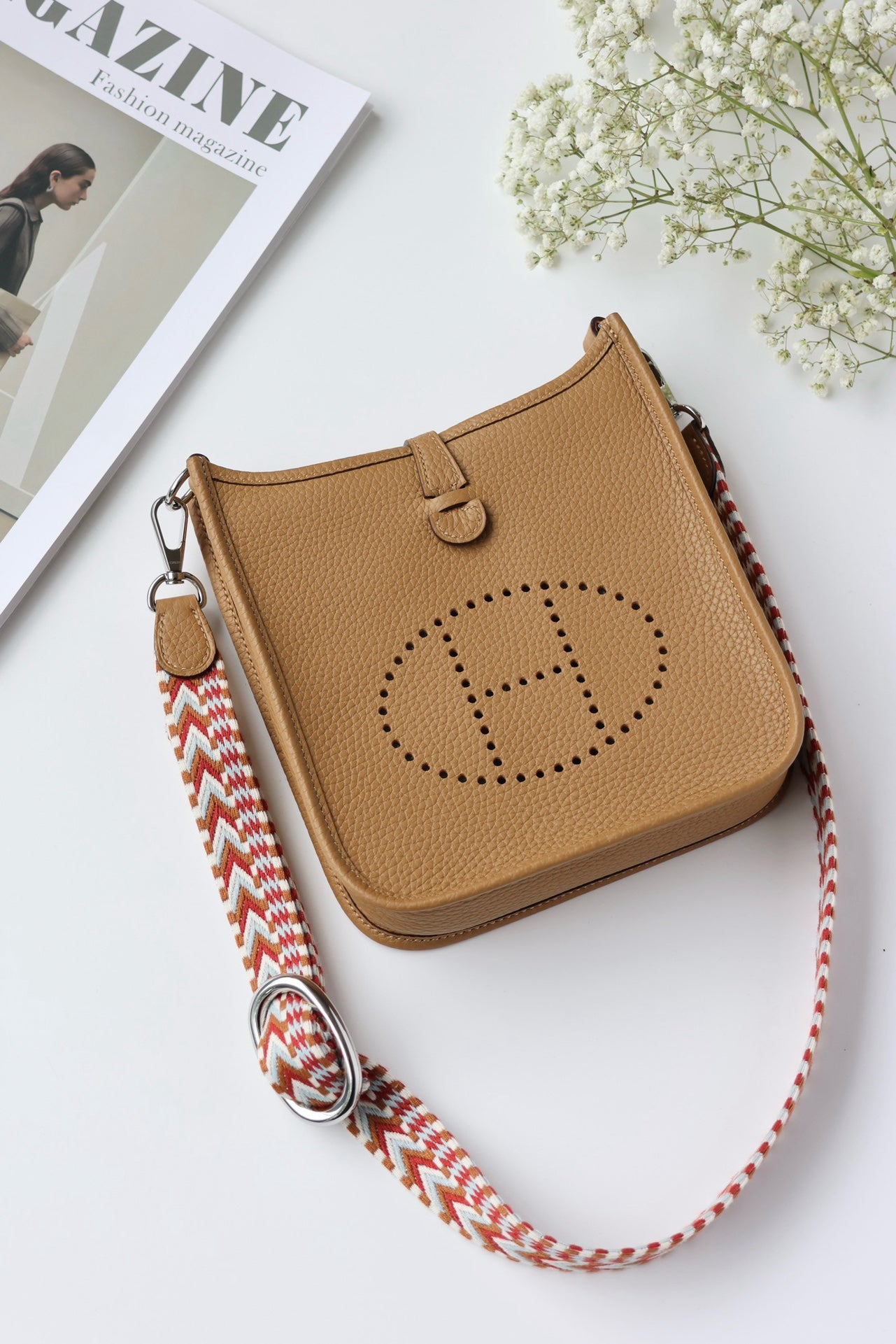 Hermès Mini Evelyne TPM – Biscuit with Colorful Strap
