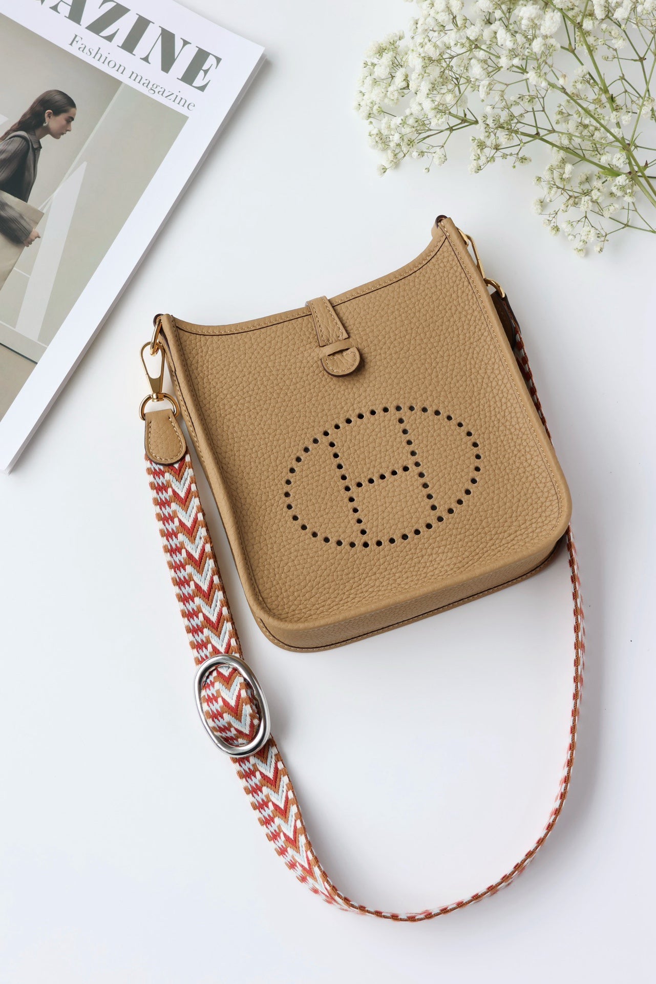 Hermès Mini Evelyne TPM – Biscuit with Colorful Strap