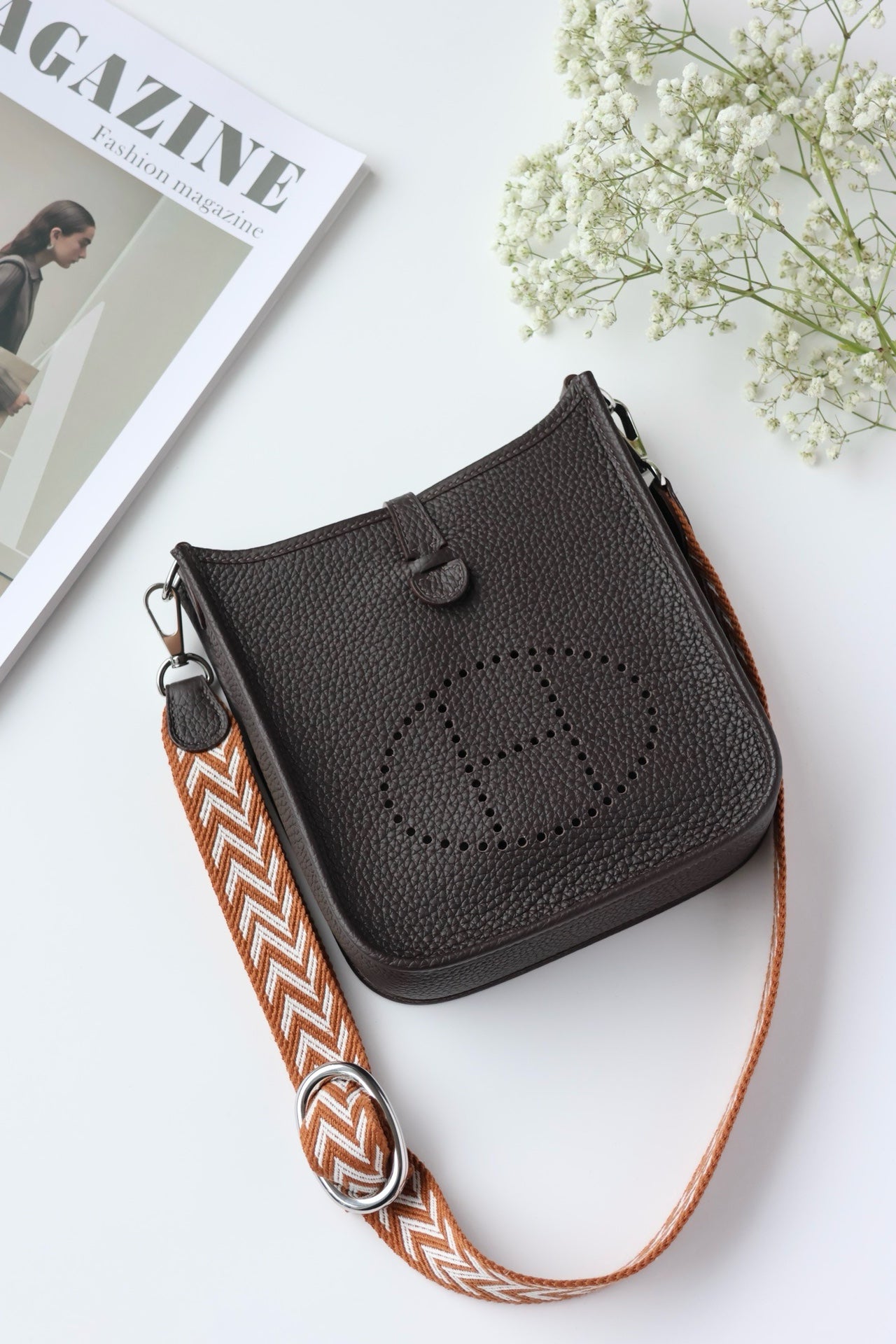 Hermès Ebony Shoulder Bag with Patterned Strap